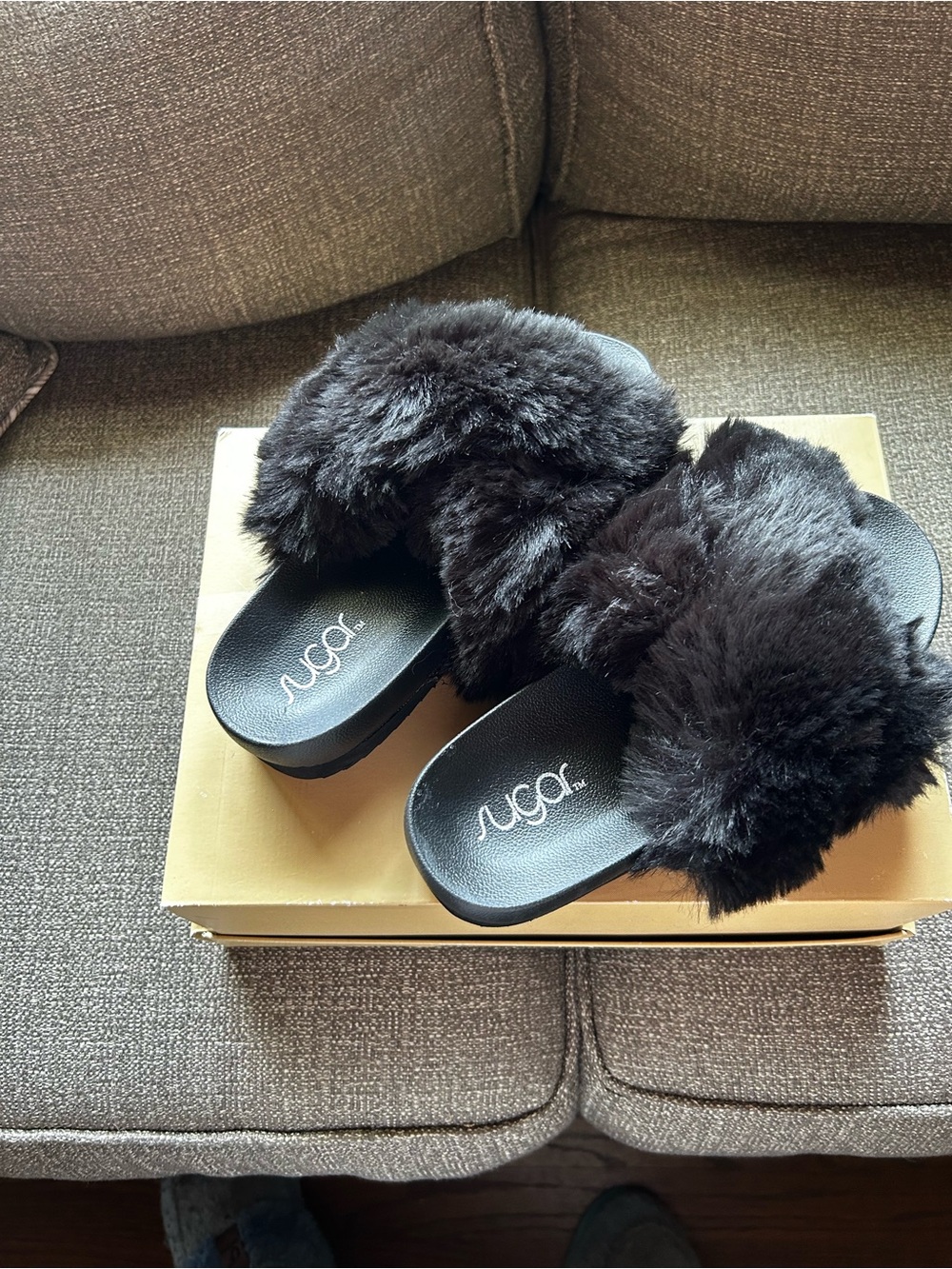 Suga Black Faux-Fur Slide Sandals with Plush Strap